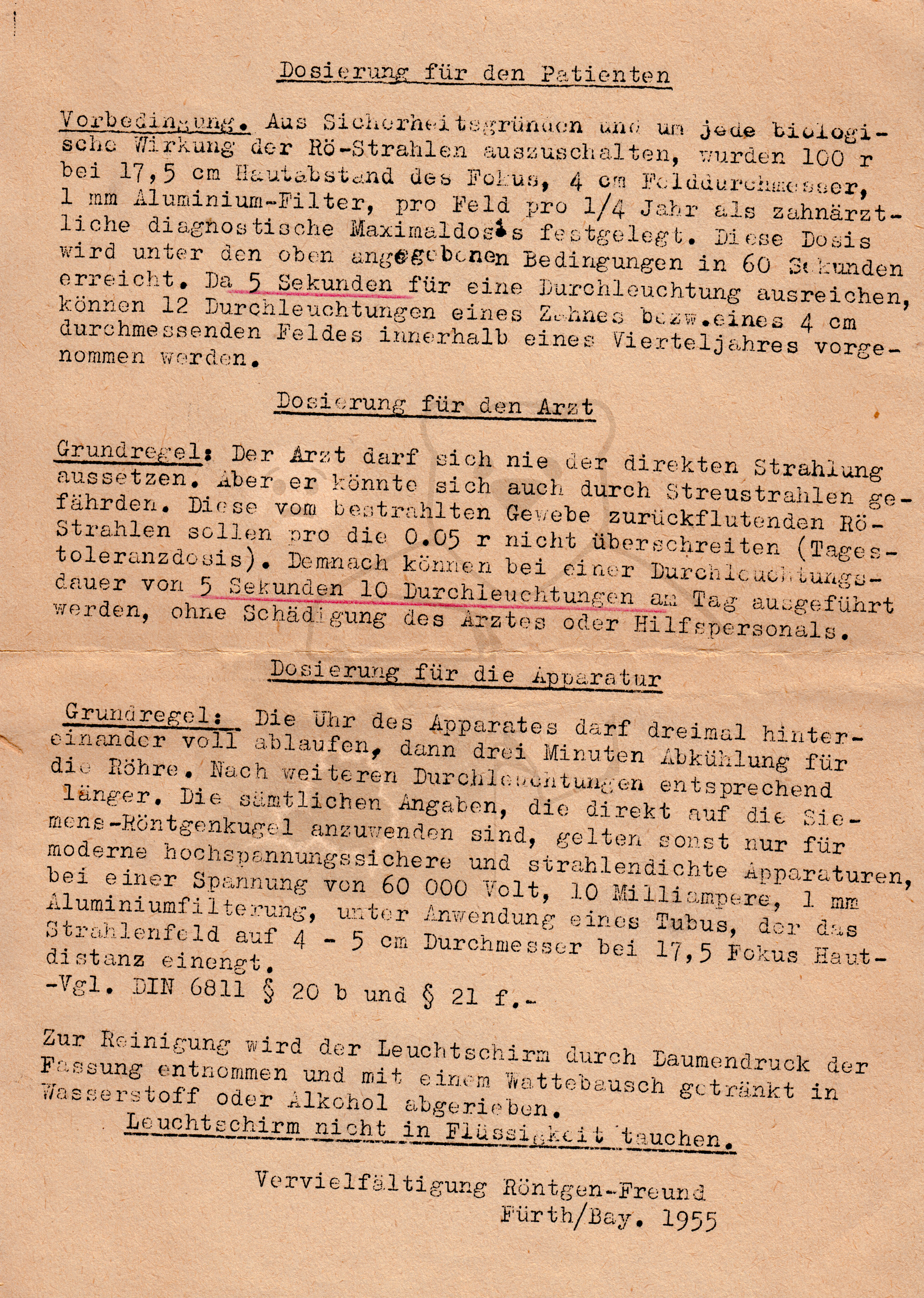 Röntgenspiegel "Röntgen-Freund", Hinweisse für den Arzt